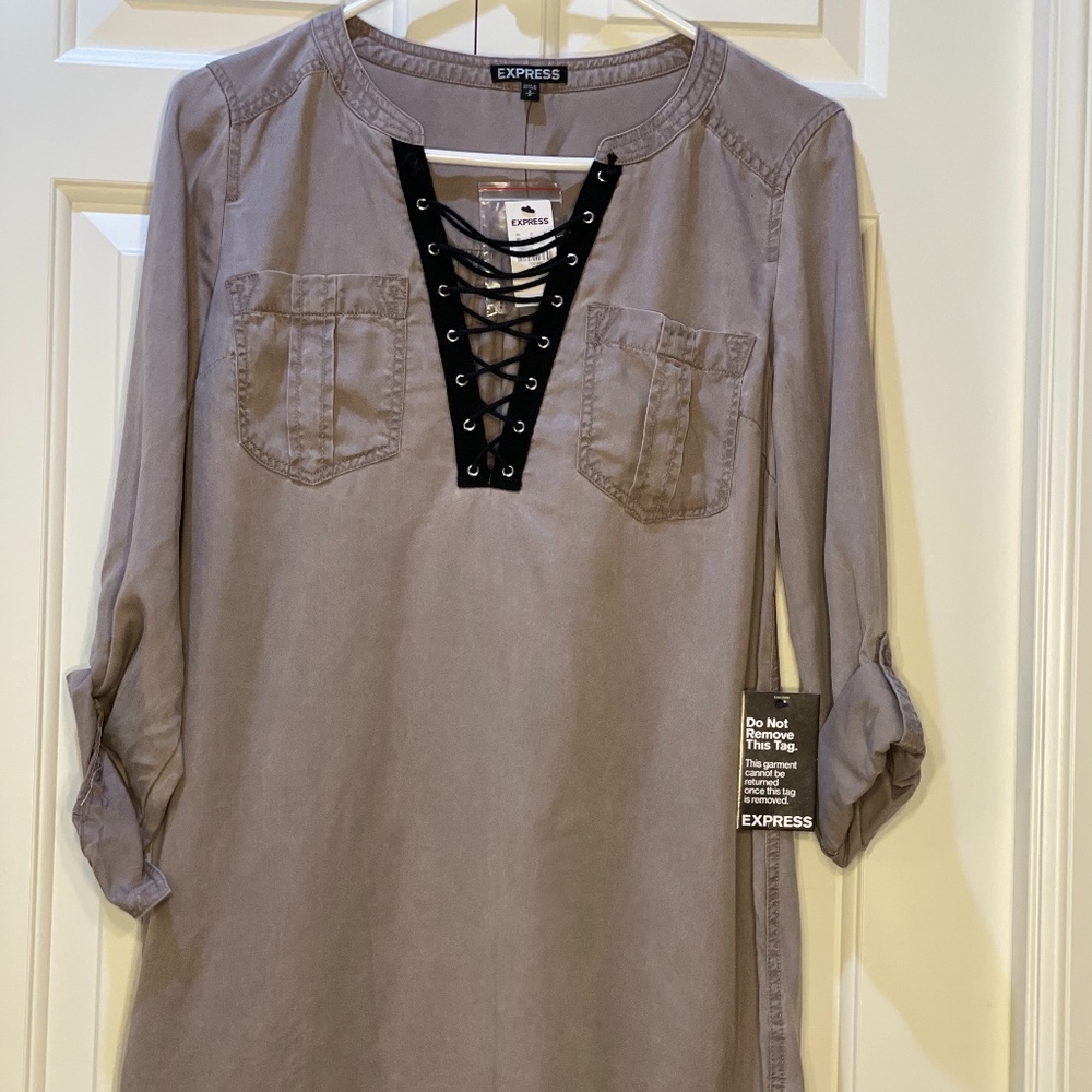 Express Soft Twill Lace-Up Popover Tunic Dress - Small